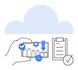 Hand holding smartphone displaying products, sale tags, and icons. Checklist and cloud in background. Ideal for e-commerce, retail, sales, marketing, logistics planning innovation abstract line