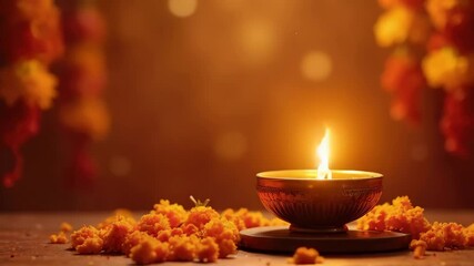 A lit diya lamp is placed beside orange marigolds, all set against a warm, blurred bokeh background. Festive Indian celebration. Hindu Puja. Festival Vishu celebration, Diwali