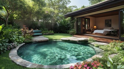 A small pool with a stone wall and a patio area with a bed and a couch