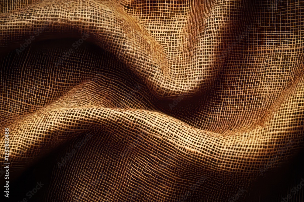 Poster close-up of textured burlap fabric with folds and shadows creating depth.