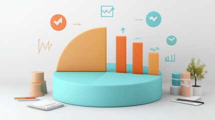 Colorful 3D Pie Chart and Bar Graph Infographic for Business Data Analysis and Financial Reporting