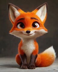 Obraz premium Cute cartoon fox portrait, studio setting, grey background, children's book illustration