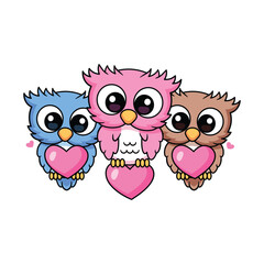 cute owl is holding or perched on a pink heart