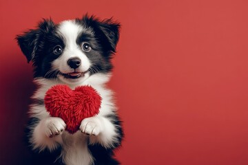 Digital ads idea. Cute border collie pup with fluffy red heart - sign of love, funny greeting card. Border collie - my desired dog. Valentine's creative dog photography. Romantic pet moments.