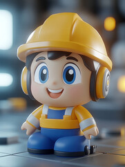 3D Render of a Cute Construction Worker Figurine in Yellow Helmet