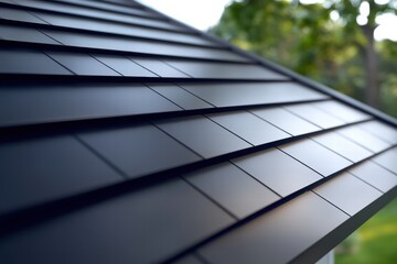 Close-up view of modern metal roof tiles on a house reflecting quality and durability