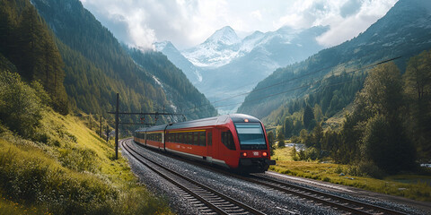 High-Speed Electric Train Passing Through Scenic Landscape with Motion Blur