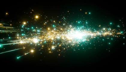 Fototapeta premium Bursting Light Particles in Gold and Teal on Dark Background
