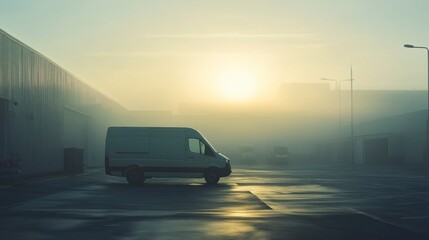 Foggy Dawn Delivery Van in Industrial Parking Lot