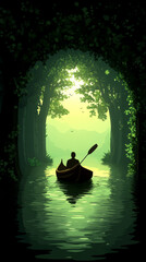 Man rowing through a sunlit forested waterway, surrounded by lush trees and calm waters