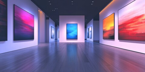 Modern Art Gallery Interior, Abstract Paintings, Evening Light, Calm Mood