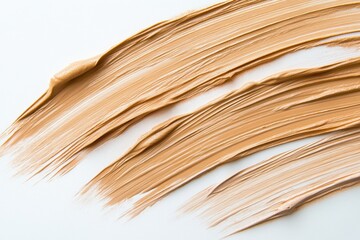 A close-up of streaks and strokes of light beige foundation on a white background, showcasing the texture and color of the makeup product