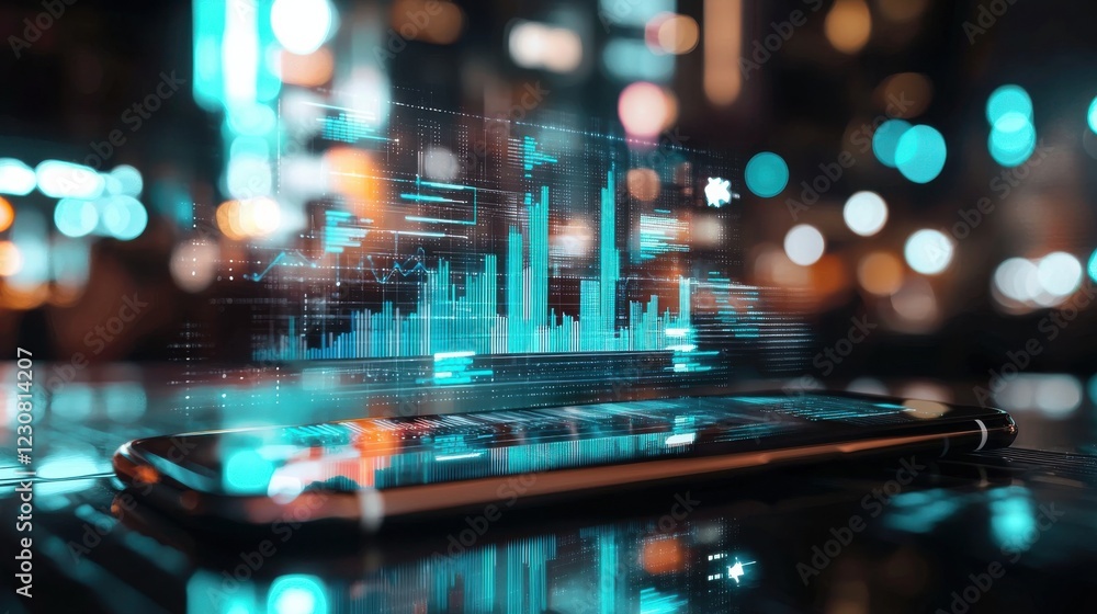 Poster futuristic city skyline with holographic data visualization on responsive mobile device