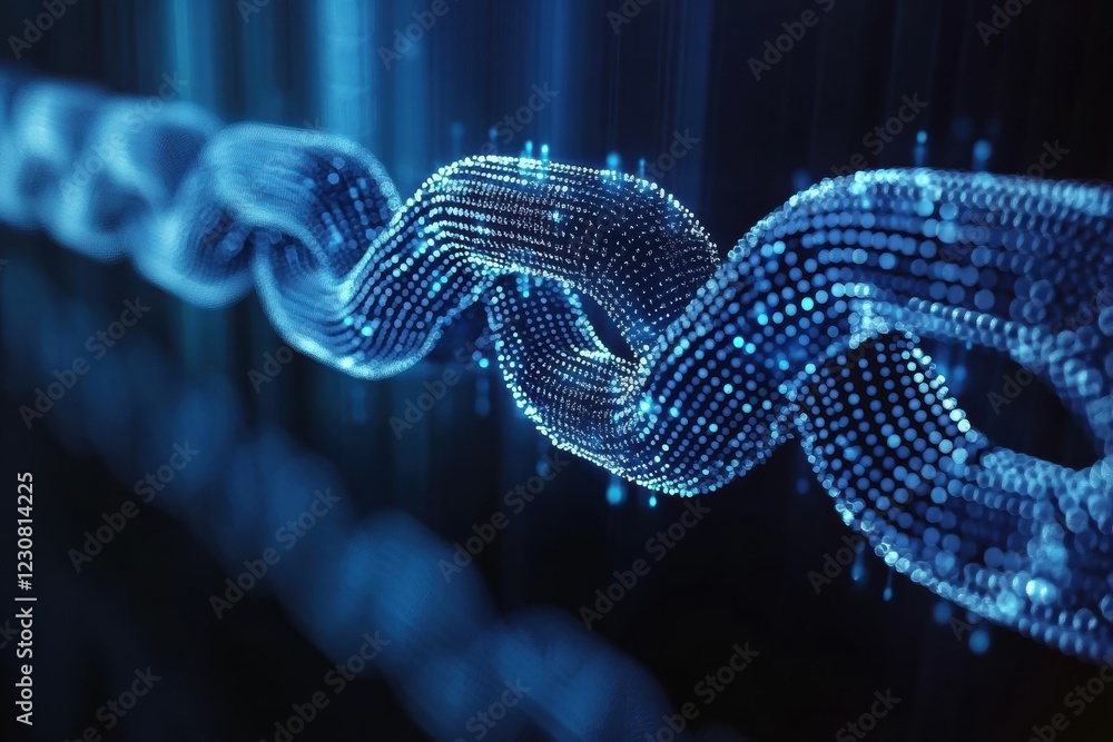 Poster pulsating dots and lines exemplify blockchain technology in a digital landscape