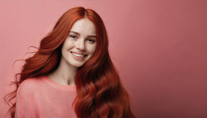 Fototapeta premium Elegant Portrait of a Smiling Woman with Pastel Background and Studio Lighting