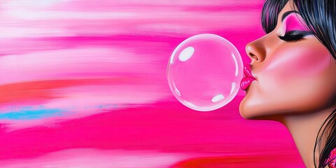 woman blowing pink bubble, bubblegum -