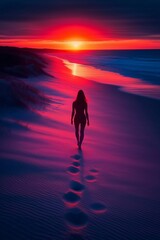 A mysterious silhouette of a woman strolls on a beach as the sun sets, painting the sky in vivid colors.
