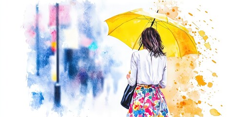 Fototapeta premium watercolor woman wearing white blouse, floral skirt, holding yellow umbrella in the rain 