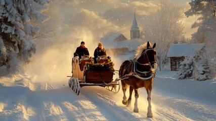 Horsedrawn sleigh journey through snowy winter wonderland