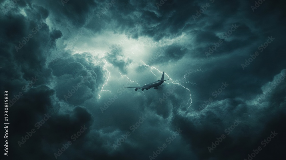 Poster Flying through turbulent storm clouds with lightning illuminating the dark sky during an intense weather event. Generative AI