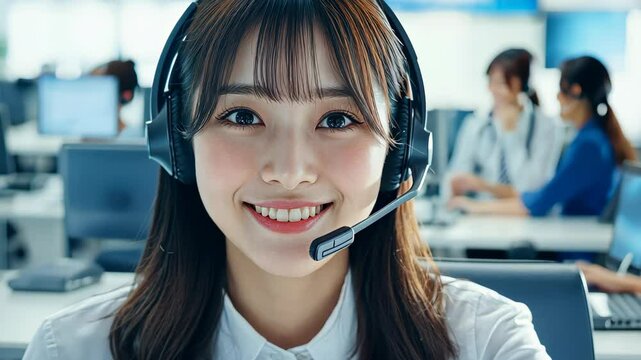 A friendly customer service rep in Japan, engaged on a call, brightening the day with her cheerful demeanor.