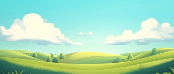 Fototapeta premium Smiling Cartoon Hills Landscape, Idyllic Green Meadow, Sunny Day