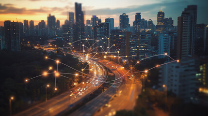 Fototapeta premium Smart digital Innovation city with connection network reciprocity over the cityscape. of future smart wireless digital city and social media networking systems that connects people with in city