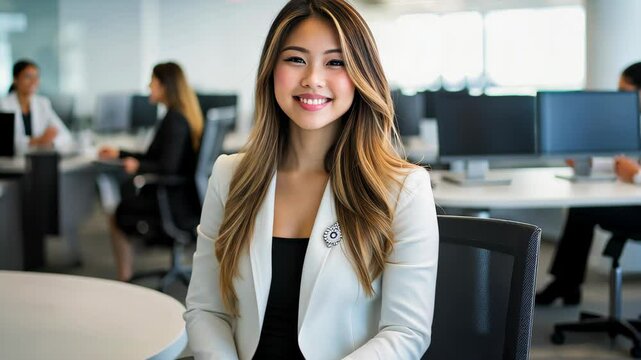 A professional Asian woman in a sleek white suit engages with a colleague at a modern gray desk in a bright office.