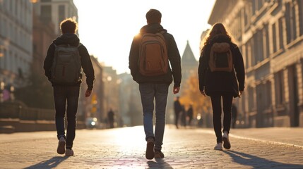 Three students with backpacks walking away on a city street at sunset.