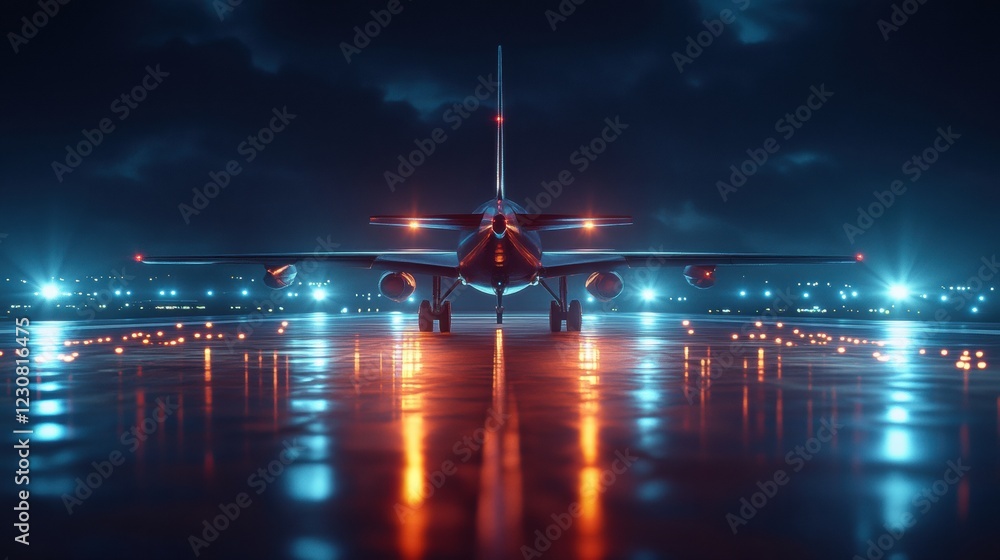 Poster airplane taxiing on illuminated runway at night with bright navigation lights and dark cloudy sky. g