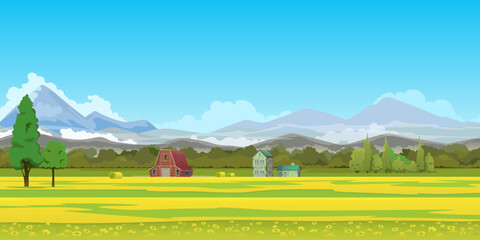 Nature and landscape. Farm in the field, blooming meadow, forest and mountain range on the horizon. Wooden farm, brick house, meadow for pasture with haystack, panoramic view. Vector cartoon