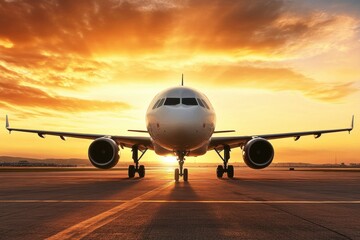 Stunning airplane silhouette captured against a radiant golden sunset in the evening sky. Generative AI