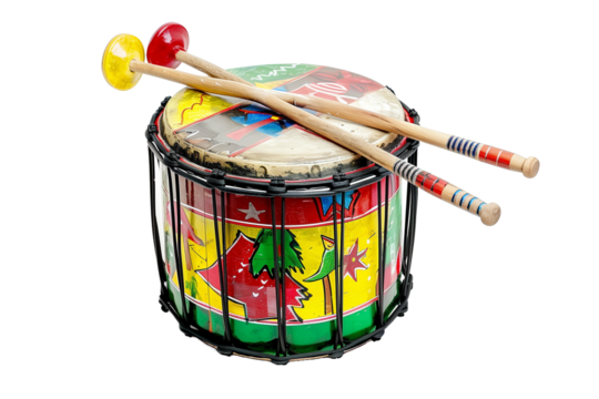 Colorful Jamaican Steel Drum With Mallets Isolated on a Transparent Background for Creative Projects