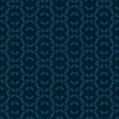 Abstract geometric seamless pattern with ethnic folk motif. Simple deep blue geometrical ornament texture with broken lines, chevron, zigzag. Subtle geo background. Repeated decorative vector design