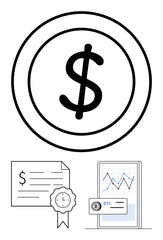 Large dollar sign within a circle, financial certificate with ribbon seal, smartphone showing a BTC digital currency graph. Ideal for finance, investment, cryptocurrency, market analysis, business