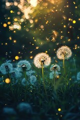 Dandelions glowing sunset meadow fireflies