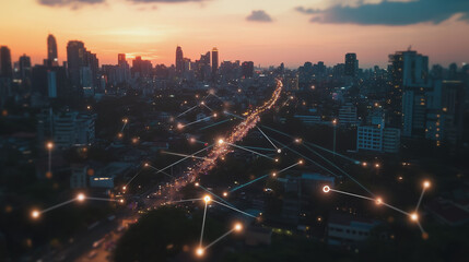 Fototapeta premium Abstract business man stands on Smart digital Innovation city with connection network reciprocity over the twilight cityscape. of future wireless digital city and social media networking systems