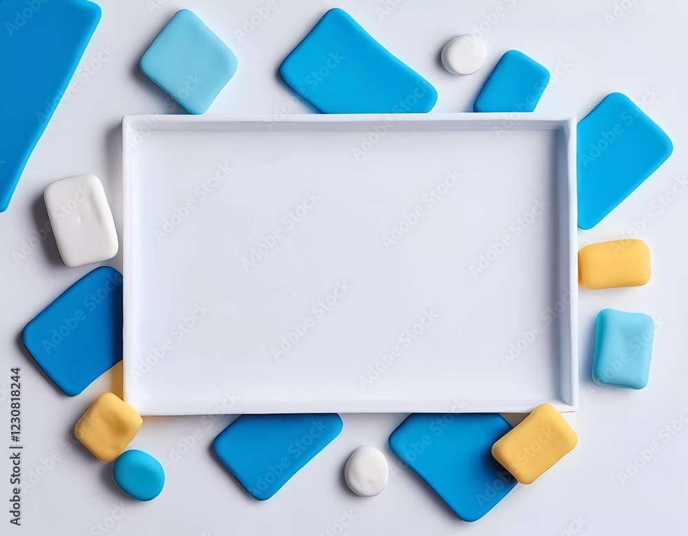 Poster bright blue and white abstract background features various shapes of play dough arranged around an e