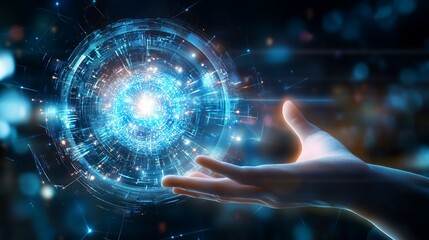 Abstract Technology Sphere held in Hand, futuristic glowing portal and data visualization concept 3D