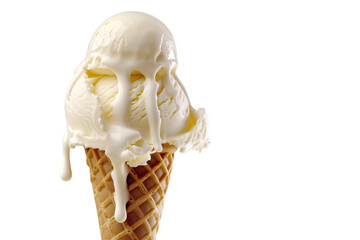 Delicious Vanilla Ice Cream Cone With Dripping Scoop Isolated on White Background
