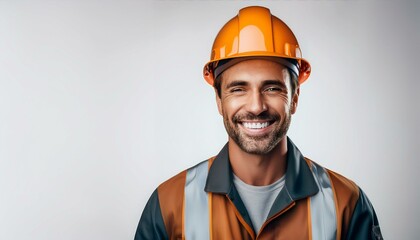 黄色のヘルメットを被って作業着を着た作業員スタッフの白人男性の笑顔。AIで生成