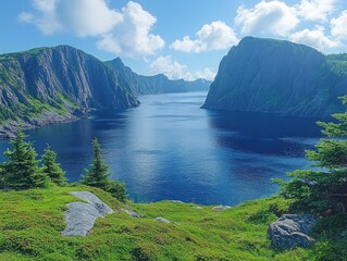 Obraz premium Magnificent blue fjord surrounded by rocky cliffs and green hills on a sunny day