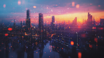 Fototapeta premium Abstract business man stands on Smart digital Innovation city with connection network reciprocity over the twilight cityscape. of future wireless digital city and social media networking systems