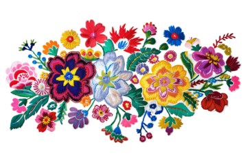 Vibrant Hungarian Kalocsa Embroidery Featuring Colorful Floral Designs on a White Transparent Background