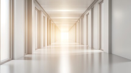 Bright, long, white hallway with doors and windows.