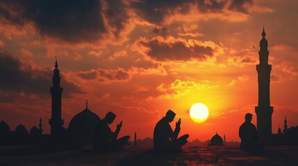 Silhouette of Praying Figures at Sunset with Mosques
