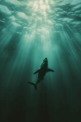 Obraz premium Great white shark in dark waters. Ocean apex predator. Marine life, shark. 