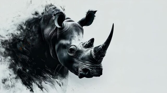 Dynamic rhino charge: powerful animal in motion with dust swirls