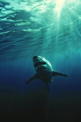 Fototapeta premium Great white shark in dark waters. Ocean apex predator. Marine life, shark. 