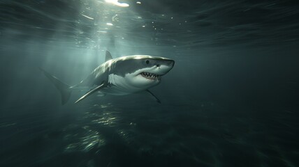 Naklejka premium Great white shark in dark waters. Ocean apex predator. Marine life, shark. 